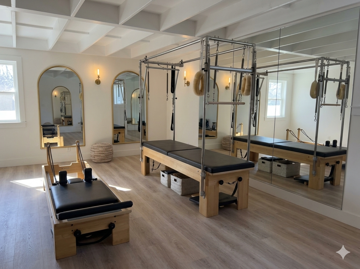 The studio — Reformers, Cadillacs, and arched mirrors